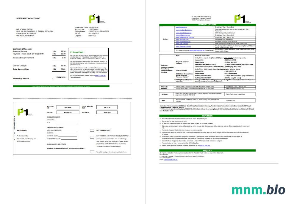 Malezja Maxis wyciąg bankowy 5 stron